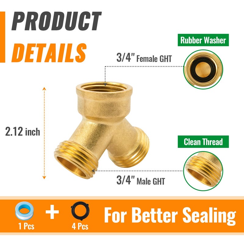 SUNGATOR صمام Y من SUNGATOR بحجم 3/4 بوصة GHT، موزع خرطوم حديقة نحاسي ثقيل مزدوج، موزعات خرطوم حديقة بحجم 3/4 بوصة GHT، صمامات Y نحاسية مع 4 غسالات مطاطية إضافية، شريط لاصق (عبوة من 2) - Image 2